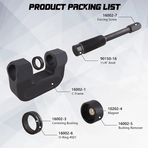 10 Ton Brake Anchor Pin Press Kit parts laid out with C-Frame, Forcing Screw, Anvil, Magnet, Bushing Remover for Class 6-8 trucks.