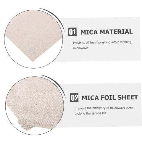 Image showing Microwave Mica Sheets For Oven Replacement Heat Resistant Insulation Plates Easy To Cut To Fit Your Microwave Protects Against Food Debris And Oil Splashes 10 Pack, highlighting mica material and foil sheet benefits.