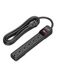 Six Outlet Power Strip Surge Protector With Fifteen Foot Extension Cord Low Profile Flat Plug 15 Amp Circuit Breaker 500 Joules Wall Mount Black UL
