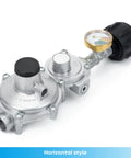 Stanbroil horizontal two-stage propane regulator with gauge, 3/8 in NPT QCC1 inlet, side view