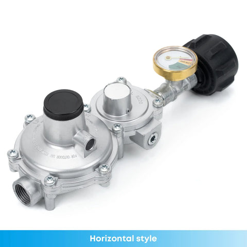 Stanbroil horizontal two-stage propane regulator with gauge, 3/8 in NPT QCC1 inlet, side view
