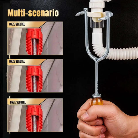 Close-up of Under Sink Basin Wrench Tool With Seven Interchangeable Heads Pro Grade Plumbing Wrench being used under a sink.
