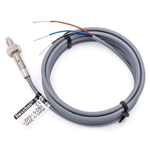 Inductive Proximity Sensor Switch Non Shield Type LJ5A3 1.5 mm Detect Distance, 10-30 VDC 150 mA, NPN Normally Open, 3 Wire, 5 mm Mount Hole, 78 in Cable, Grey for Easy Automation and DIY Projects. Grey metal inductive proximity sensor switch with 3-wire cable and threaded mount