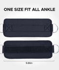 Pro Level Ankle Strap For Cable Machine With Thick Breathable Padding Tailored For Beast Mode Leg Day Booty Work And Hamstring Curls Black, front and back view with dimensions.