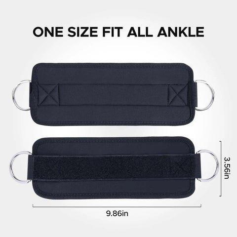 Pro Level Ankle Strap For Cable Machine With Thick Breathable Padding Tailored For Beast Mode Leg Day Booty Work And Hamstring Curls Black, front and back view with dimensions.