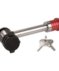 Silver and red receiver lock for five eighth inch hitch pins with a three and a half inch shaft push to lock security stainless steel barbell hitch pin lock weather resistant tow package lock for late model trucks heavy duty.