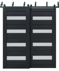 Frosted Glass Solid Wood Bypass Sliding Door Set For Interior Barn Doors 72x96 Black Modern Style with Heavy Duty Hardware