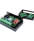 TB6600 stepper motor driver module with green terminal blocks and red trim pots in a black heatsink enclosure (2-pack)