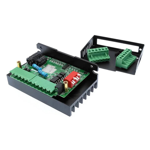 TB6600 stepper motor driver module with green terminal blocks and red trim pots in a black heatsink enclosure (2-pack)