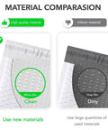 Material comparison of White Bubble Mailers 6x10 Inch Outer, 6x9 Inch Inner, self-seal, showing clean white film vs dirty gray film.