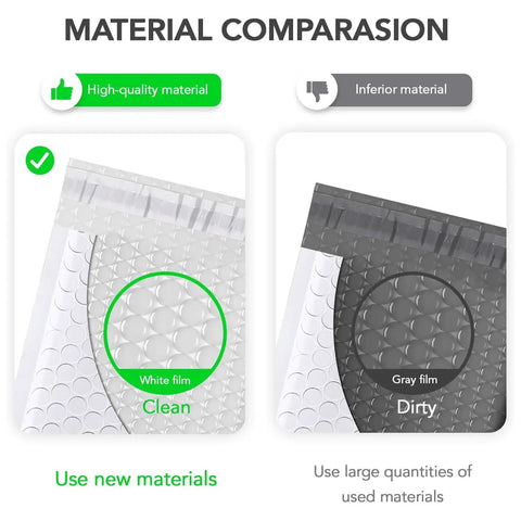 Material comparison of White Bubble Mailers 6x10 Inch Outer, 6x9 Inch Inner, self-seal, showing clean white film vs dirty gray film.