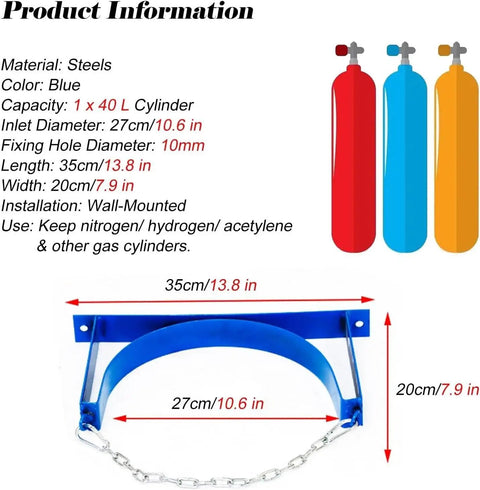 Wall Mount Oxygen Tank Holder With Adjustable Chain For 40 L Gas Cylinders, Heavy Duty Steel Cylinder Rack dimensions image