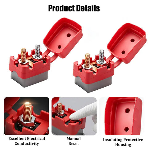 Heavy Duty Automatic Reset Circuit Breaker 10A Waterproof Stud Bolt shows red housing with manual reset button and protective cover.