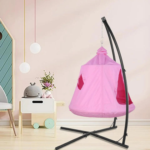 Pink X Shaped Hanging Tree Tent With Swing Chair And Stand Patio Canopy in a living room setting.