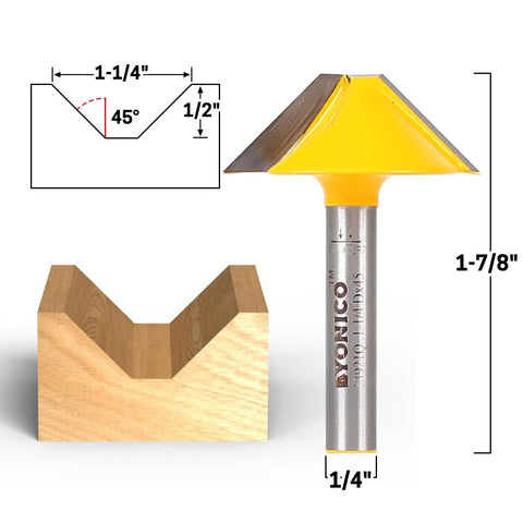 V Groove Router Bit With One Quarter Inch Shank Flat Bottom For Grooving And Lettering, showing dimensions and wood cut example