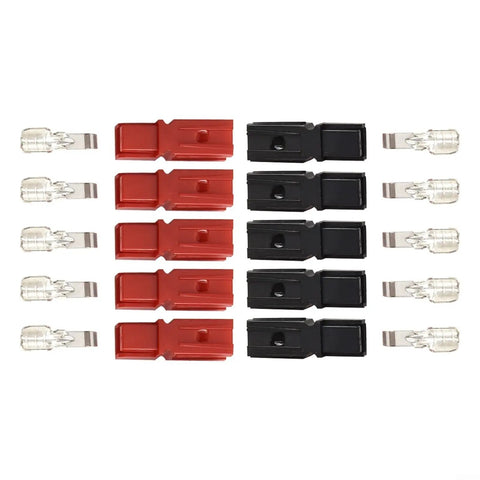 Five Pair Badass Tinned Copper Power Connectors 45A 600V Quick Disconnect Red And Black Terminals Wire Gauge 12 To 20, close-up view of connectors.