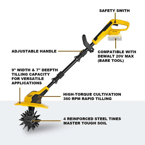 Cordless 20V Garden Tiller Cultivator For Backyard Projects with adjustable handle and steel blades, DeWalt 20V Max compatible.