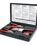 Case containing Interchangeable Tip Retaining Ring Plier Set With 3 Pliers And 3 Replacement Tips, Spring Loaded Handles For Quick Swap.