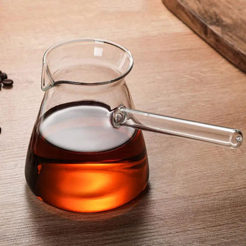 Clear Glass Turkish Coffee Pot 450ml Teapot For Hot And Cold Drinks With Retro Design, borosilicate brew pot with wooden handle.