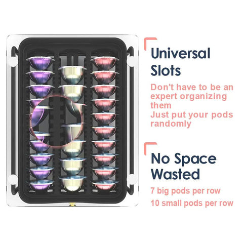 Tempered Glass Coffee Pod Drawer For Vertuo Pods Small Size Fits Vertuo Machines with slots showing organized pods.