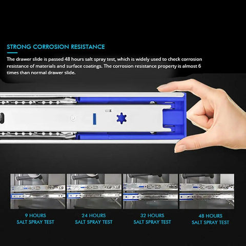 Top Shelf Built Tough 18 Inch Full Extension Drawer Slides shown during corrosion resistance testing with hand holding slide.