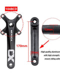 Single Speed Square Taper Mountain Bike Crankset, 170mm, 104BCD Narrow Wide Chainring Options 32T To 42T, Beefy Black Round Chainrings