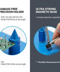 Close-up of six flexible arms magnetic soldering station with PCB holder and gooseneck, ideal for secure solder jobs.