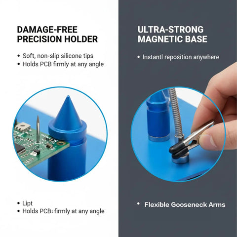 Close-up of six flexible arms magnetic soldering station with PCB holder and gooseneck, ideal for secure solder jobs.