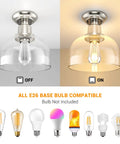 Semi Flush Mount Ceiling Light With Clear Glass Shade In Brushed Nickel Finish, shown off and illuminated with bulb types
