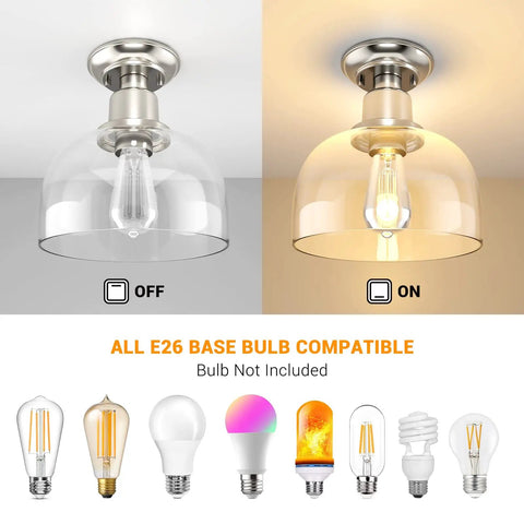 Semi Flush Mount Ceiling Light With Clear Glass Shade In Brushed Nickel Finish, shown off and illuminated with bulb types