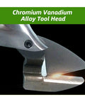 Close-up of Chromium Vanadium Alloy Tool Head for Portable Cordless Electric Shears for Metal Sheets 26V Battery.