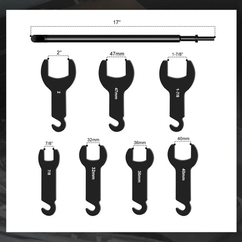 8 Piece Pneumatic Fan Clutch Wrench Set For Auto Repair With Beefy Heavy Duty 7 Driving Wrenches Including 22Mm 32Mm 36Mm 40Mm 47Mm 48Mm 51Mm To Fasten Or Loosen Fan Clutch And Water Pump Nuts Universal Fit For Most Car Brands. 7 wrench sizes shown