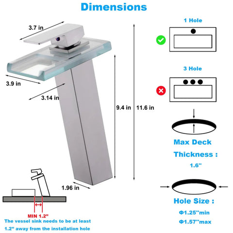 Dimensions diagram of LED Waterfall Bathroom Sink Faucet With Open Glass Spout Tall Vessel Sink Tap, 1 Hole Mount
