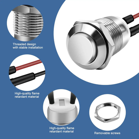 12mm Momentary Push Button Switch 5 Pack Stainless Steel Aluminum Alloy Waterproof IP66 IK09 Built To Last In Rugged Environments 2A At 12 And 24V DC And 1A At 250V AC threaded stainless steel switch with wires