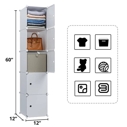 Five Cube Storage Cabinet With Doors For Small Spaces Space Saver Tall Plastic Organizer Shelves in white with items