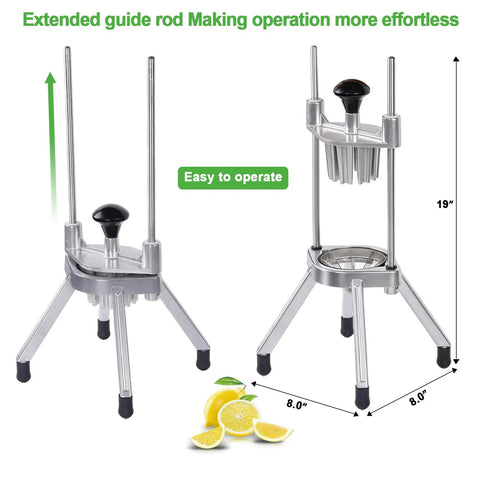 Pro Grade Citrus Slicer 8-Section With V-Shaped 420 Stainless Steel Blades Easy Wedger For Lemons And Limes NSF Certified Bar And Restaurant Use Durable Commercial Fruit Cutter For Fast, Even Slices on white background with dimensions indicated