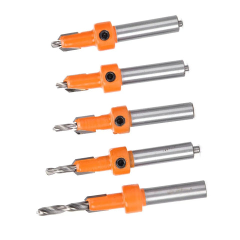 Five Piece Countersink Drill Bit Set With YG8 Alloy Cutter Heads, 2.8 To 4mm Drill Diameter, Oxidation Spray Treatment For Longer Life