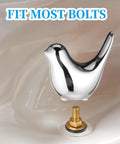 Two Ceramic Bird Toilet Bolt Covers Set in silver finish, showing a bird-shaped cap installed on a brass bolt, bathroom view.