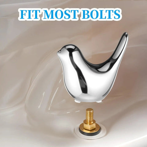 Two Ceramic Bird Toilet Bolt Covers Set in silver finish, showing a bird-shaped cap installed on a brass bolt, bathroom view.