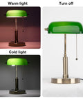 Glass Bankers Desk Lamp With USB Charging Port LED Desk Light Emerald Green Glass Shade Brass Finish Classic Retro Pull Chain Perfect For A Cozy Home Office Bedside Study Or Library Vibe showing warm, cold, and off settings