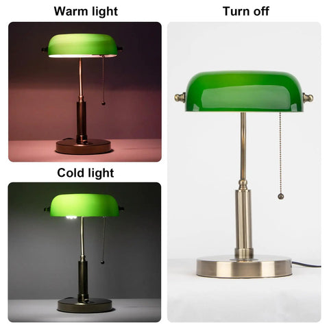 Glass Bankers Desk Lamp With USB Charging Port LED Desk Light Emerald Green Glass Shade Brass Finish Classic Retro Pull Chain Perfect For A Cozy Home Office Bedside Study Or Library Vibe showing warm, cold, and off settings