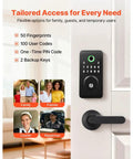 Matte Black Fingerprint Door Lock Set With Easy Grip Lever And Advanced Biometric Scanner For Hassle Free Keyless Entry Rock Solid Front Door Deadbolt Hardware with code options and user images.