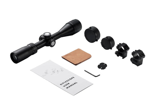 Springer Air Rifle Scope 3 To 9X40 AO With Illuminated Mil Dot Reticle, accessories, and manual displayed on white surface
