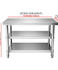 Beefy Stainless Steel Workbench With Three Tier Open Shelving And No Fuss Leveling Feet, 80cm height, suitable for kitchen prep or garage use.