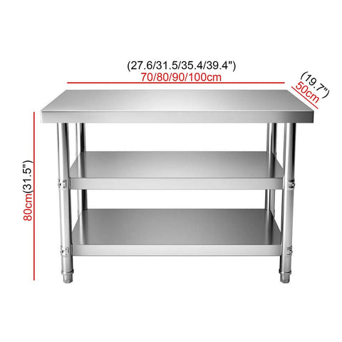 Beefy Stainless Steel Workbench With Three Tier Open Shelving And No Fuss Leveling Feet, 80cm height, suitable for kitchen prep or garage use.