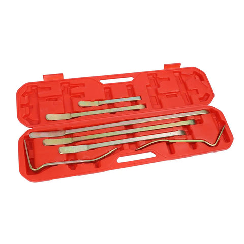 7 Piece Auto Body Repair Pry Bar Set With Curved And Straight Rods For Dent Removal On Cars And Trucks in red plastic case