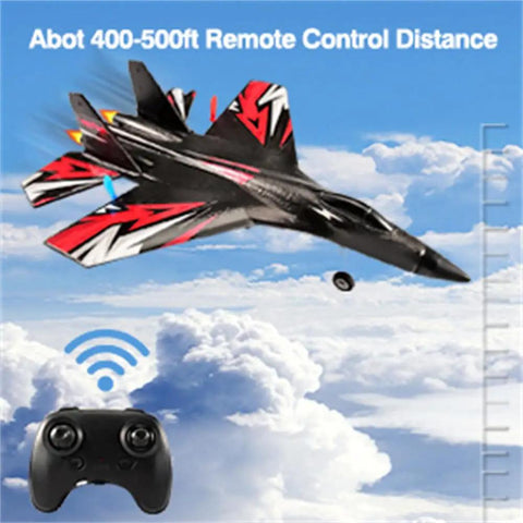 SU27 RC Airplane With 2 Batteries 2.4GHz 6 Axis Gyro Stabilizer flying over clouds with controller in view