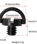 Diagram of 2-Pack 1/4-20 Stainless Steel D-Ring Camera Plate Screw, showing dimensions and weight, for tripods and stands.