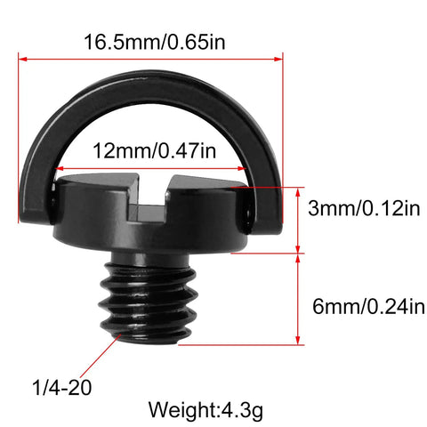 Diagram of 2-Pack 1/4-20 Stainless Steel D-Ring Camera Plate Screw, showing dimensions and weight, for tripods and stands.