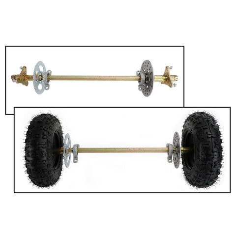 29 Inch Rear Axle Assembly Wheel Hub Kit For Go Kart Quad Trike Drift Bike Builds Complete DIY Replacement Beefed Up Rear End Parts For Street Track And Off Road Fun, showing axle with tires and brake components.
